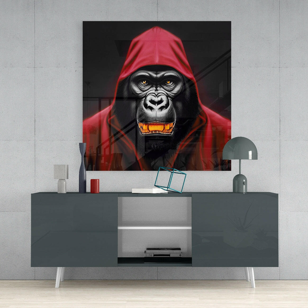 Red Hooded Gorilla with Gold Teeth Glass Wall Art