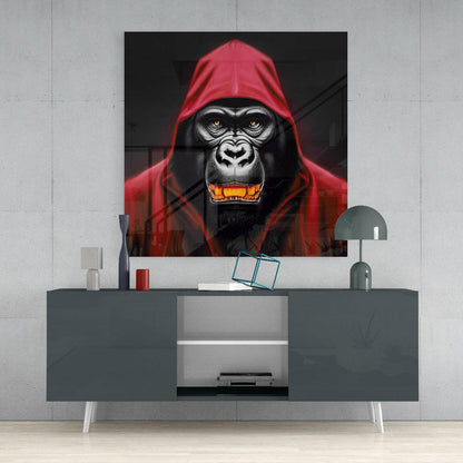 Red Hooded Gorilla with Gold Teeth Glass Wall Art