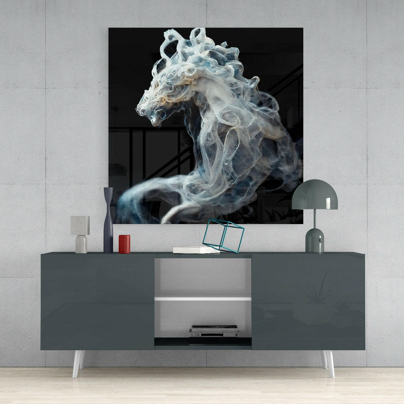 Smoky Horse Glass Wall Art displayed above a gray media console in a modern interior setting with decorative accessories.