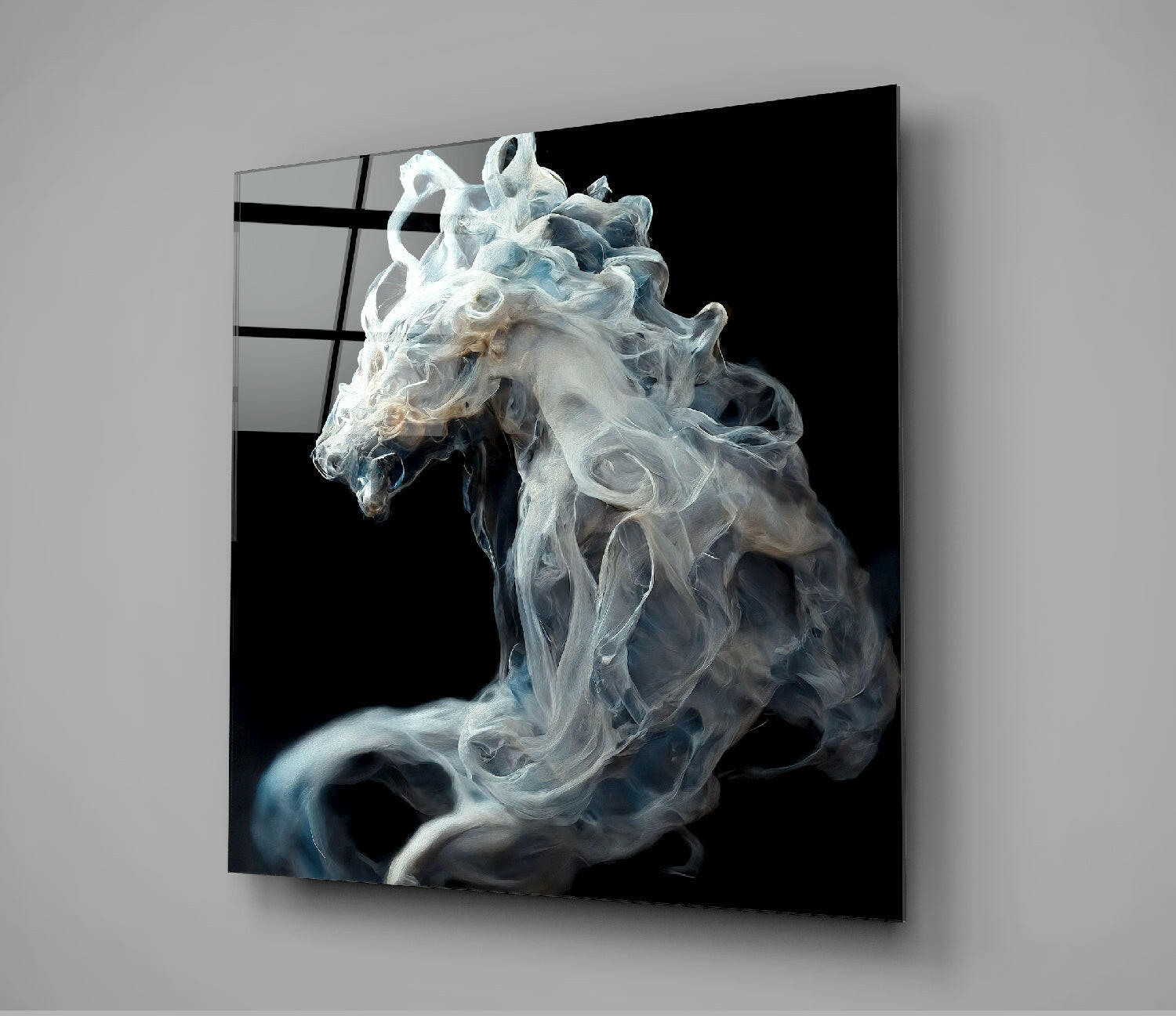 Mounted wall display of ethereal white and gray smoke-form horse sculpture against black background, angled three-quarter view.