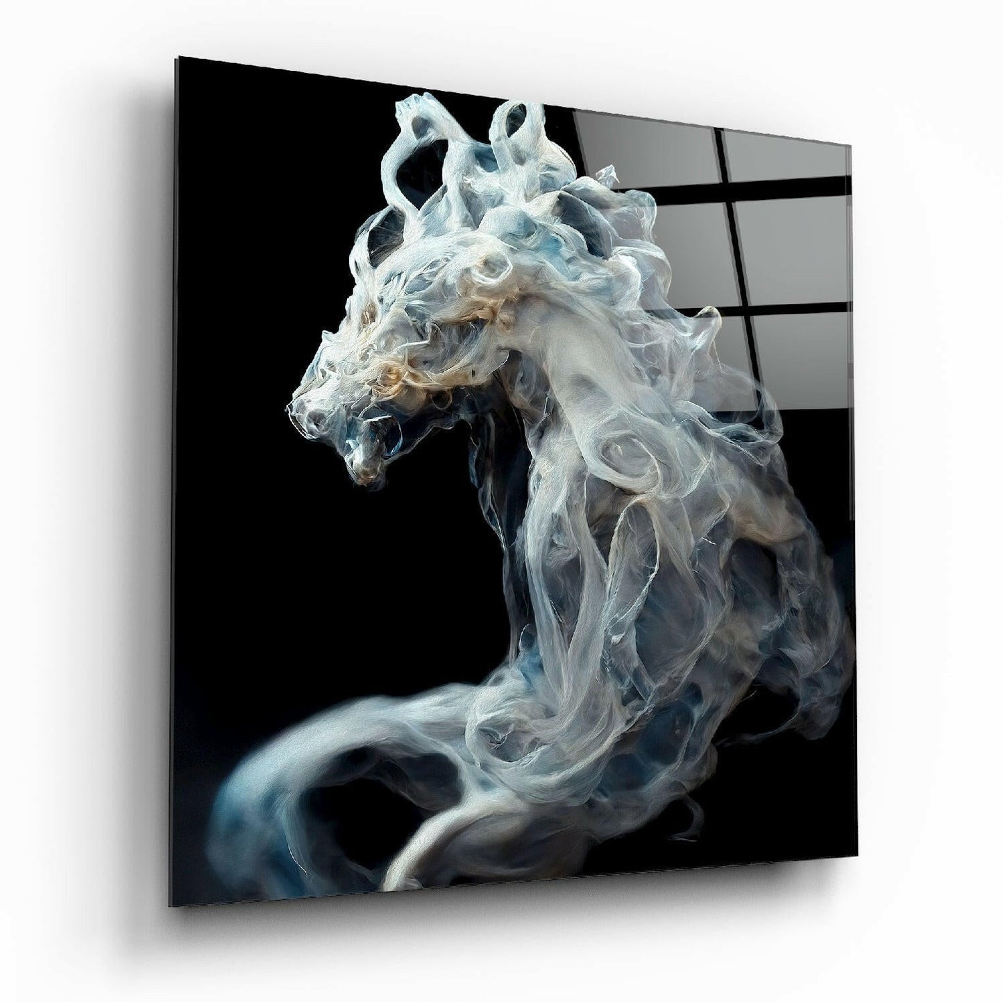 Ethereal white and gray smoke-effect horse head sculpture displayed on black glass panel against dark background.