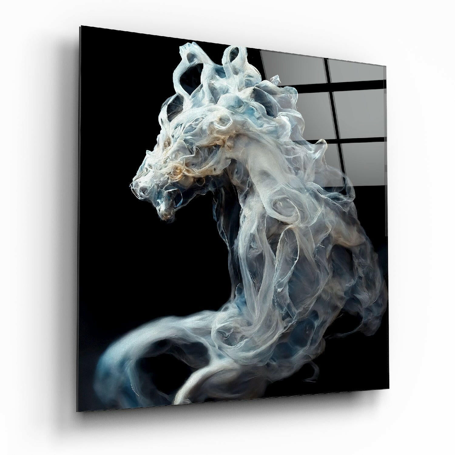 Ethereal white and gray smoke-effect horse head sculpture displayed on black glass panel against dark background.
