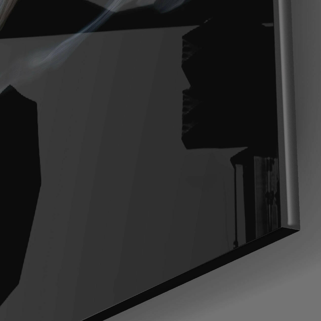 Close-up angled view of Smoky Horse glass wall art showing dark silhouette profile against translucent gray glass panel with black frame edge.