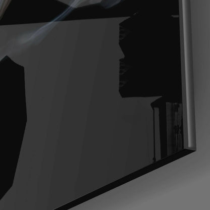 Close-up angled view of Smoky Horse glass wall art showing dark silhouette profile against translucent gray glass panel with black frame edge.