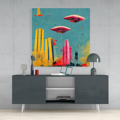 Futuristic cityscape glass wall art in teal, yellow, and red displayed above a gray media console in a modern interior setting.