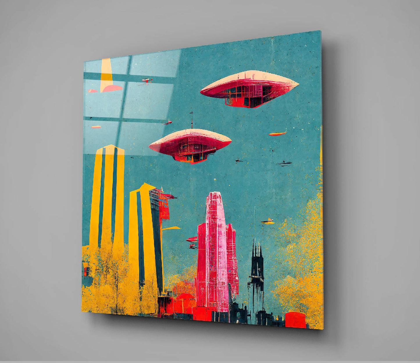 Angled view of turquoise glass wall art featuring red flying saucers, yellow and black skyscrapers, and gold foliage against urban skyline.