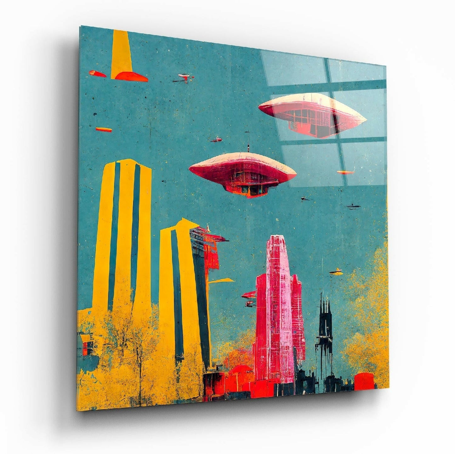 Angled view of turquoise glass wall art featuring red UFOs, yellow skyscrapers, and black spires in retro sci-fi design.