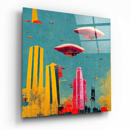 Angled view of turquoise glass wall art featuring red UFOs, yellow skyscrapers, and black spires in retro sci-fi design.