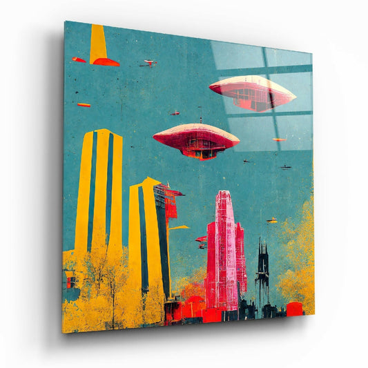 Angled view of turquoise glass wall art featuring red UFOs, yellow skyscrapers, and black spires in retro sci-fi design.