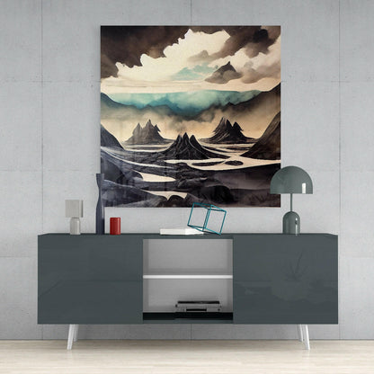 Glass wall art print depicting an Icelandic landscape with dark volcanic peaks, misty valleys, and dramatic cloudy sky in muted earth tones mounted above a gray media console.