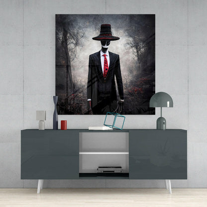 Glass wall art depicting a suited figure in a wide-brimmed hat and red tie standing in a bare forest, displayed above a gray media console.