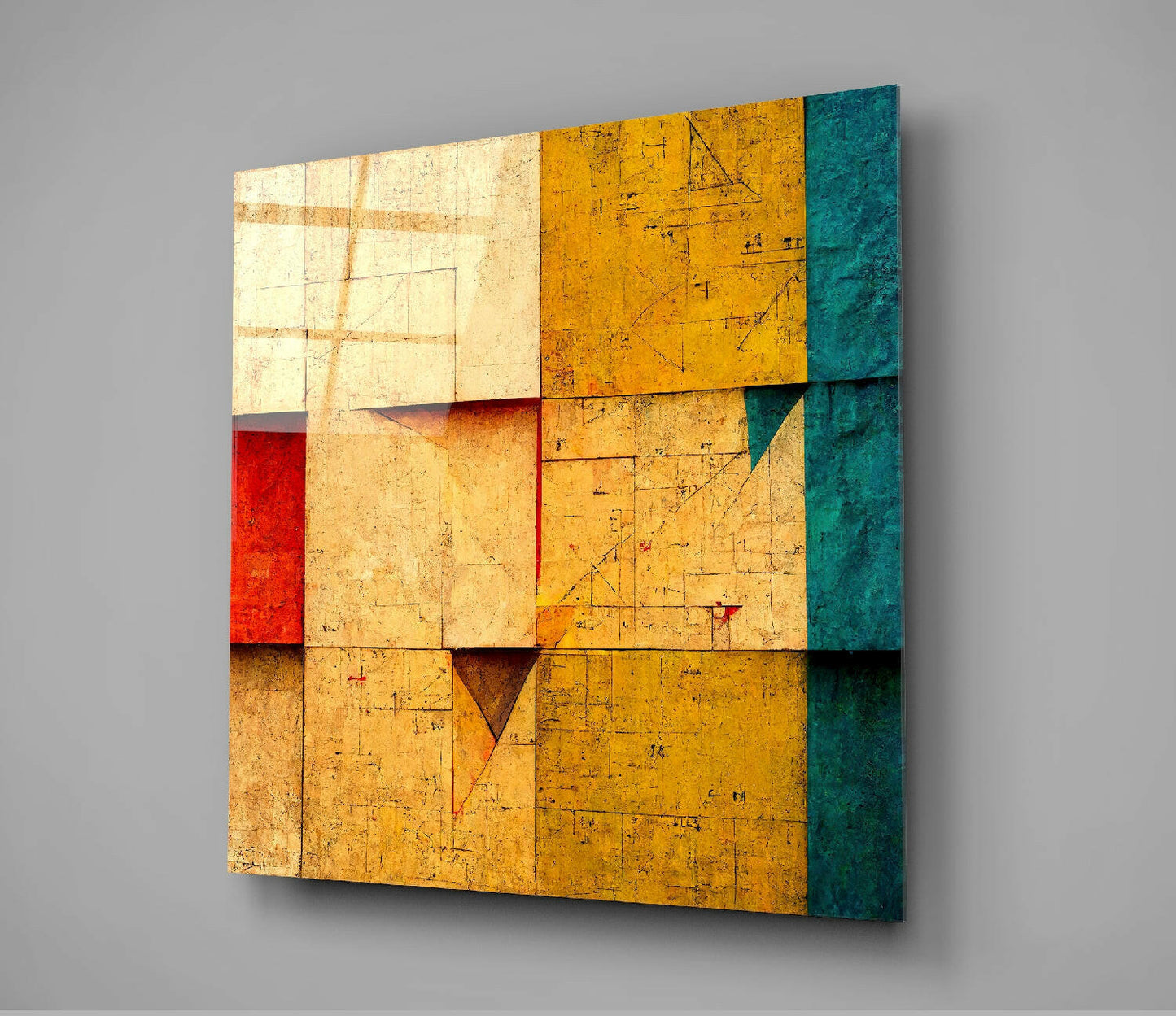 Sand Block Grid Teal Accent Wall Glass Wall Art