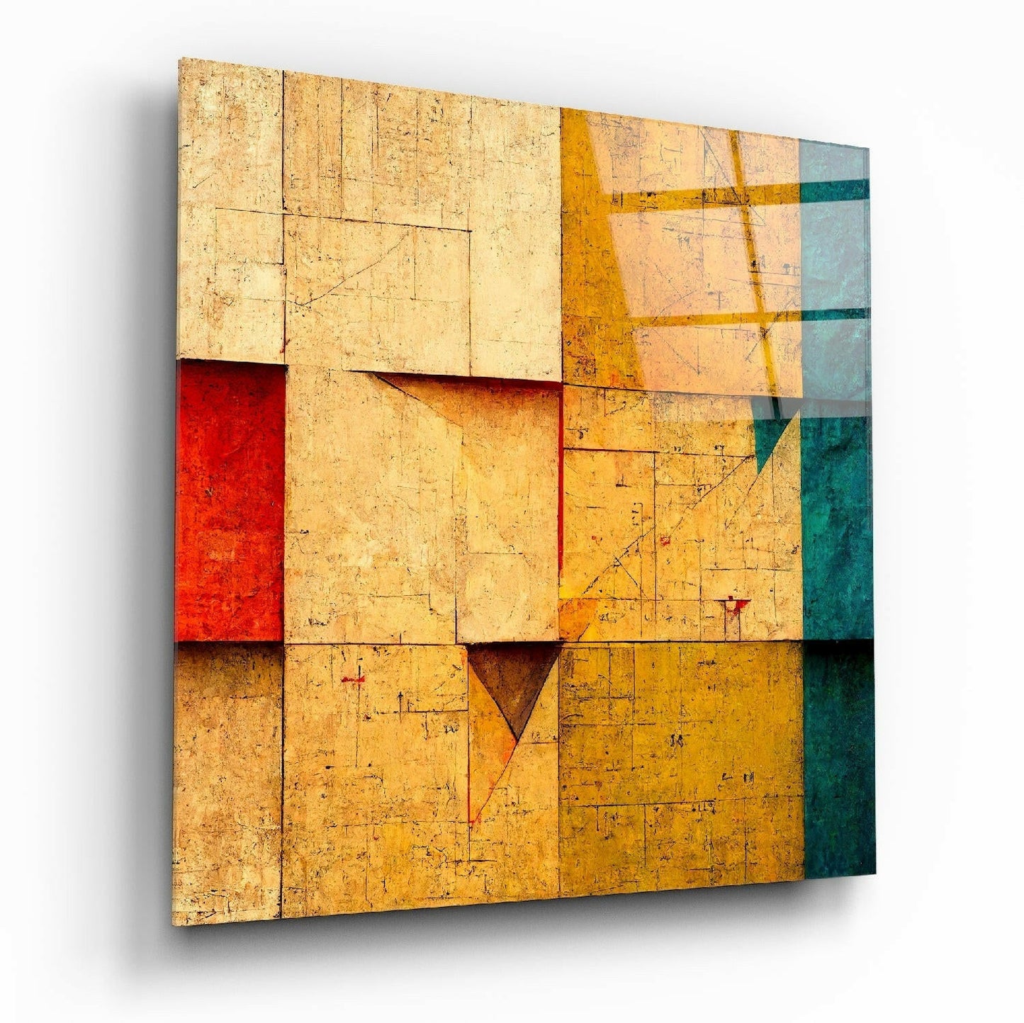 Sand Block Grid Teal Accent Wall Glass Wall Art