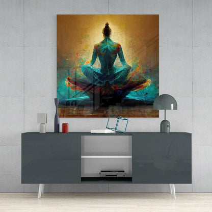 Turquoise Lotus Meditation On Gold Glass Wall Art