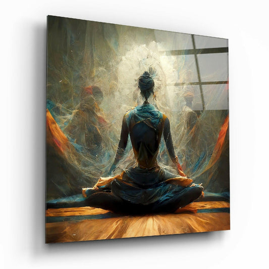 Woman in lotus position meditating on wooden floor with glowing ethereal figures and light rays in background, displayed as angled glass wall art.