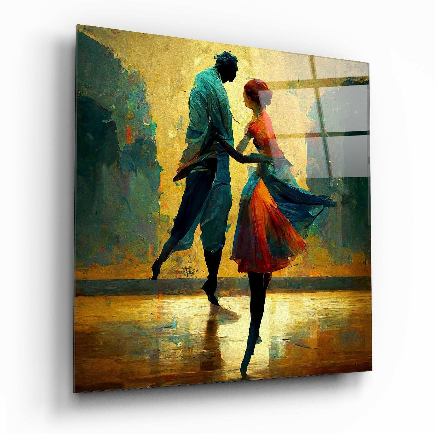 Glass wall art canvas depicting two silhouetted dancers in vibrant yellow, teal, and red tones against a textured background, displayed at an angle showing depth and reflection.