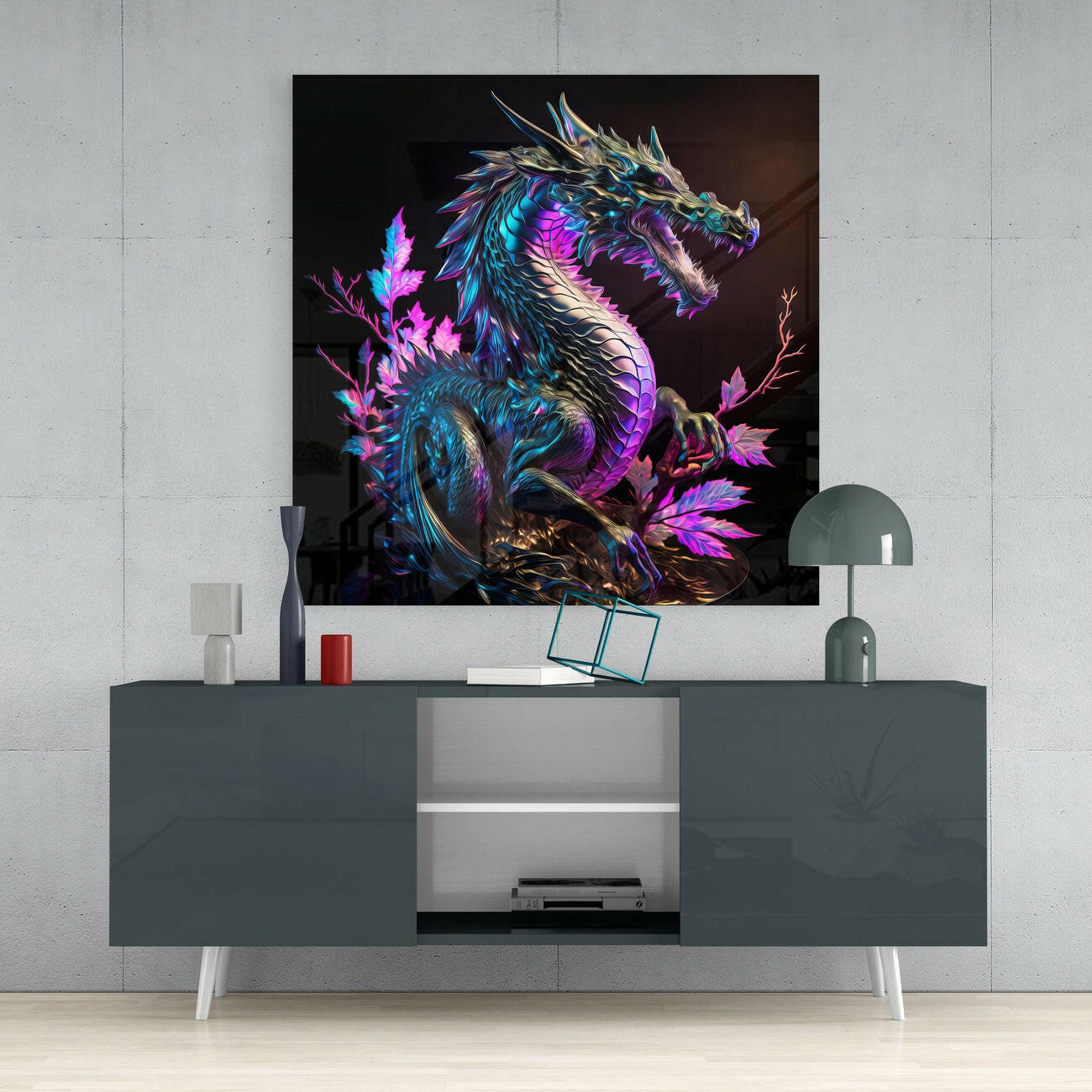 Neon-glowing dragon glass art displayed on dark gray media console in modern living room setting.