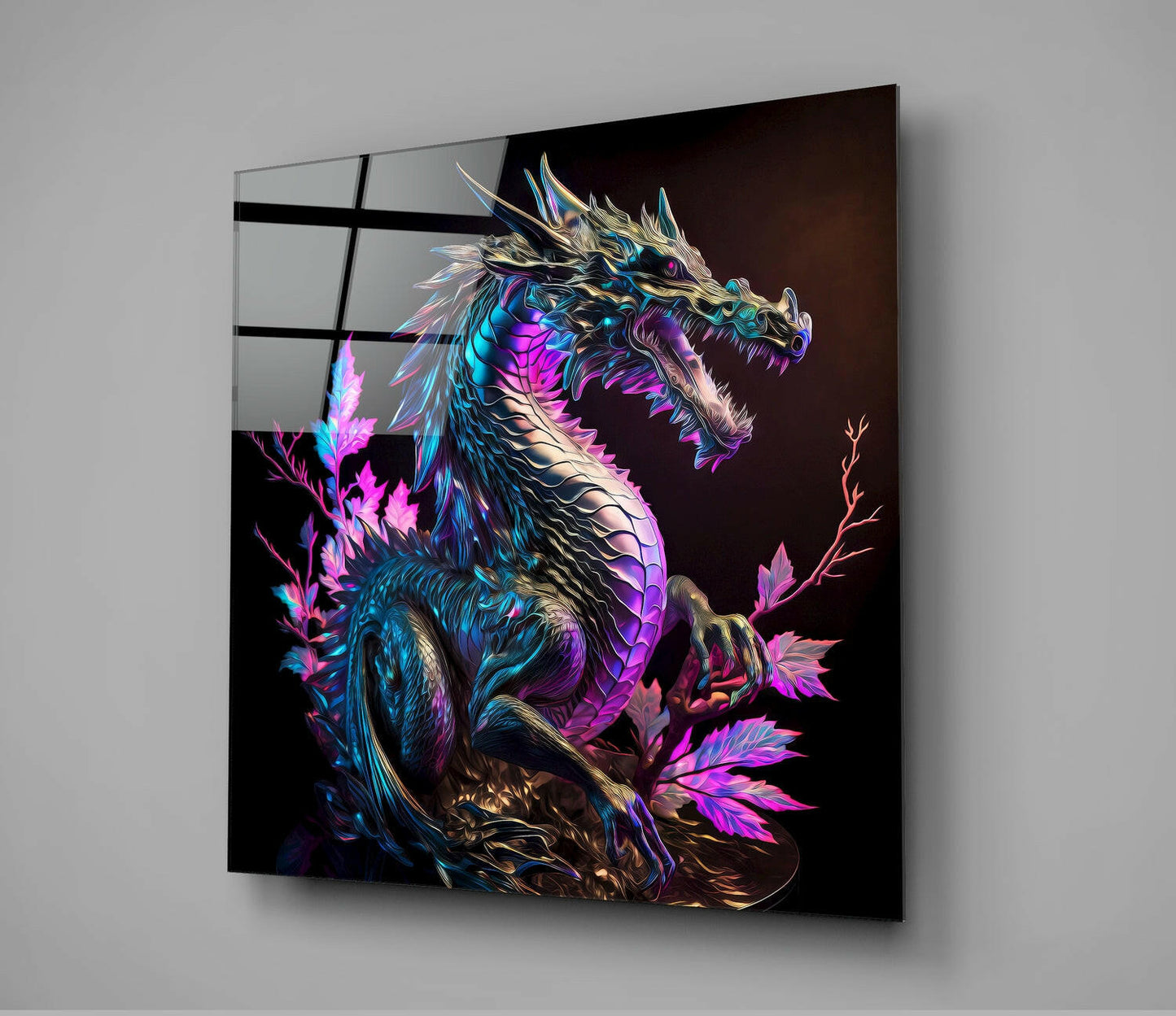 Angled view of glass wall art displaying a neon-lit dragon with cyan, magenta, and gold coloring surrounded by glowing pink flowers on black background.