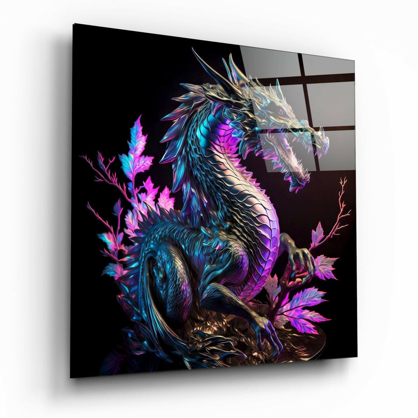 Angled view of illuminated glass wall art depicting a neon-colored dragon with blue, purple, and pink iridescent scales surrounded by glowing magenta flowers against black background.