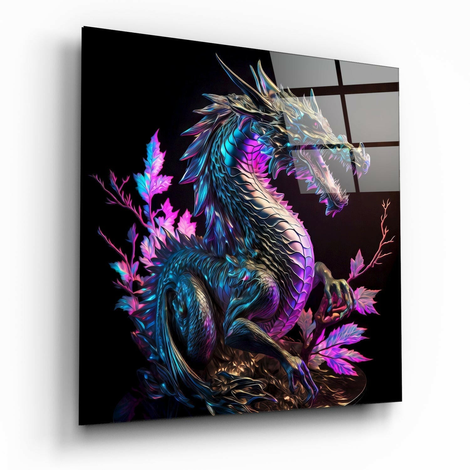 Angled view of illuminated glass wall art depicting a neon-colored dragon with blue, purple, and pink iridescent scales surrounded by glowing magenta flowers against black background.