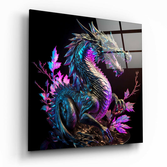 Angled view of illuminated glass wall art depicting a neon-colored dragon with blue, purple, and pink iridescent scales surrounded by glowing magenta flowers against black background.