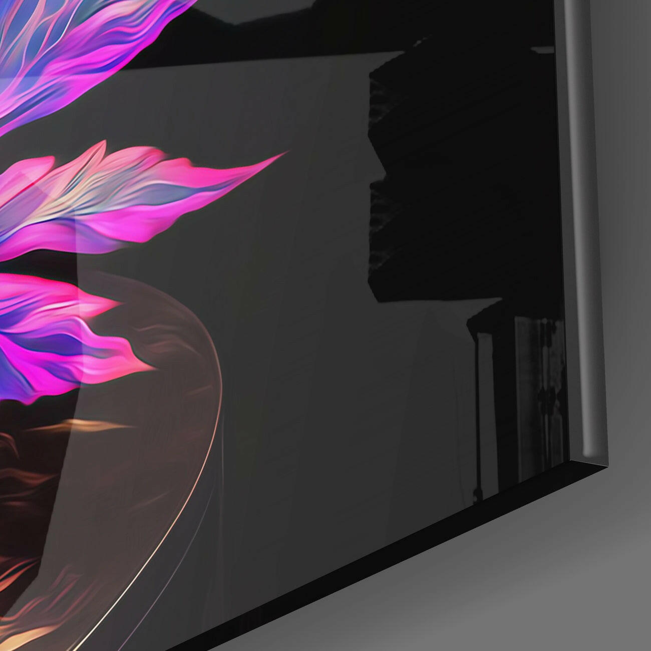 Neon pink and purple glowing glass wall art with flowing flame-like design mounted on dark interior wall.