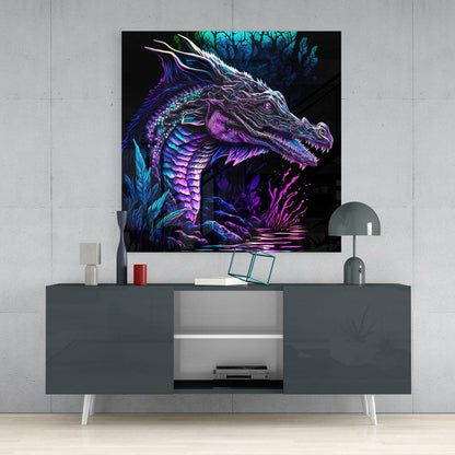 Neon purple and cyan dragon glass wall art displayed above a dark gray media console in a modern interior setting.