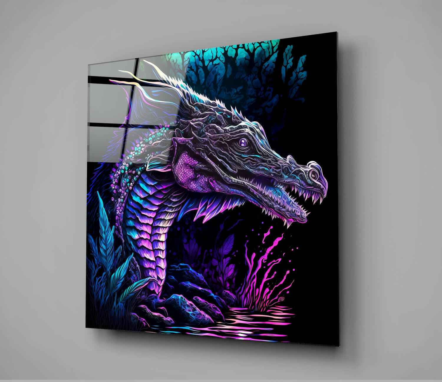 Angled view of a black glass panel featuring a neon-lit dragon head in purple, magenta, and cyan with glowing coral details against dark background.