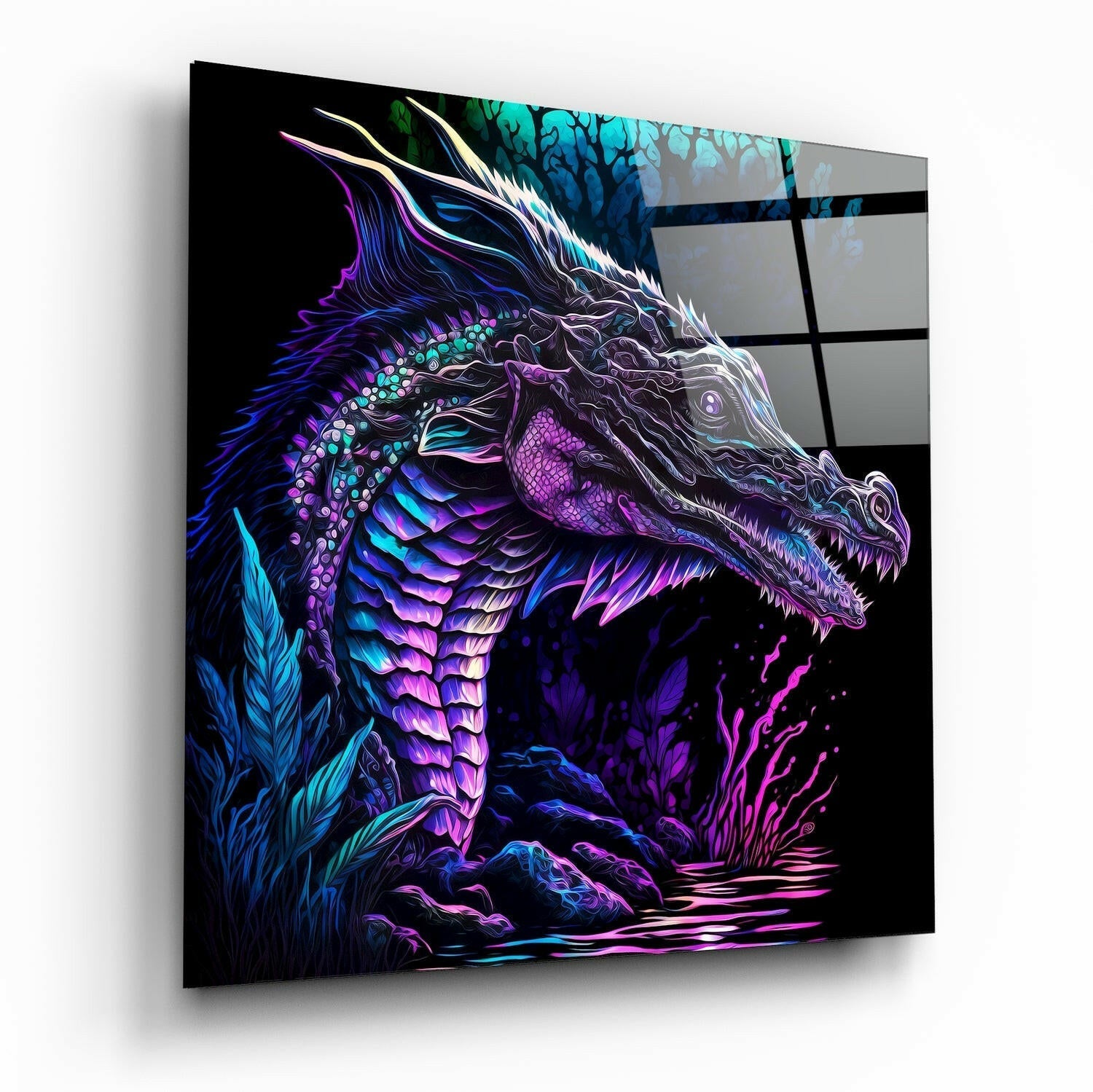 Angled perspective of neon-glowing dragon glass wall art with purple, blue, and cyan scales against black background.