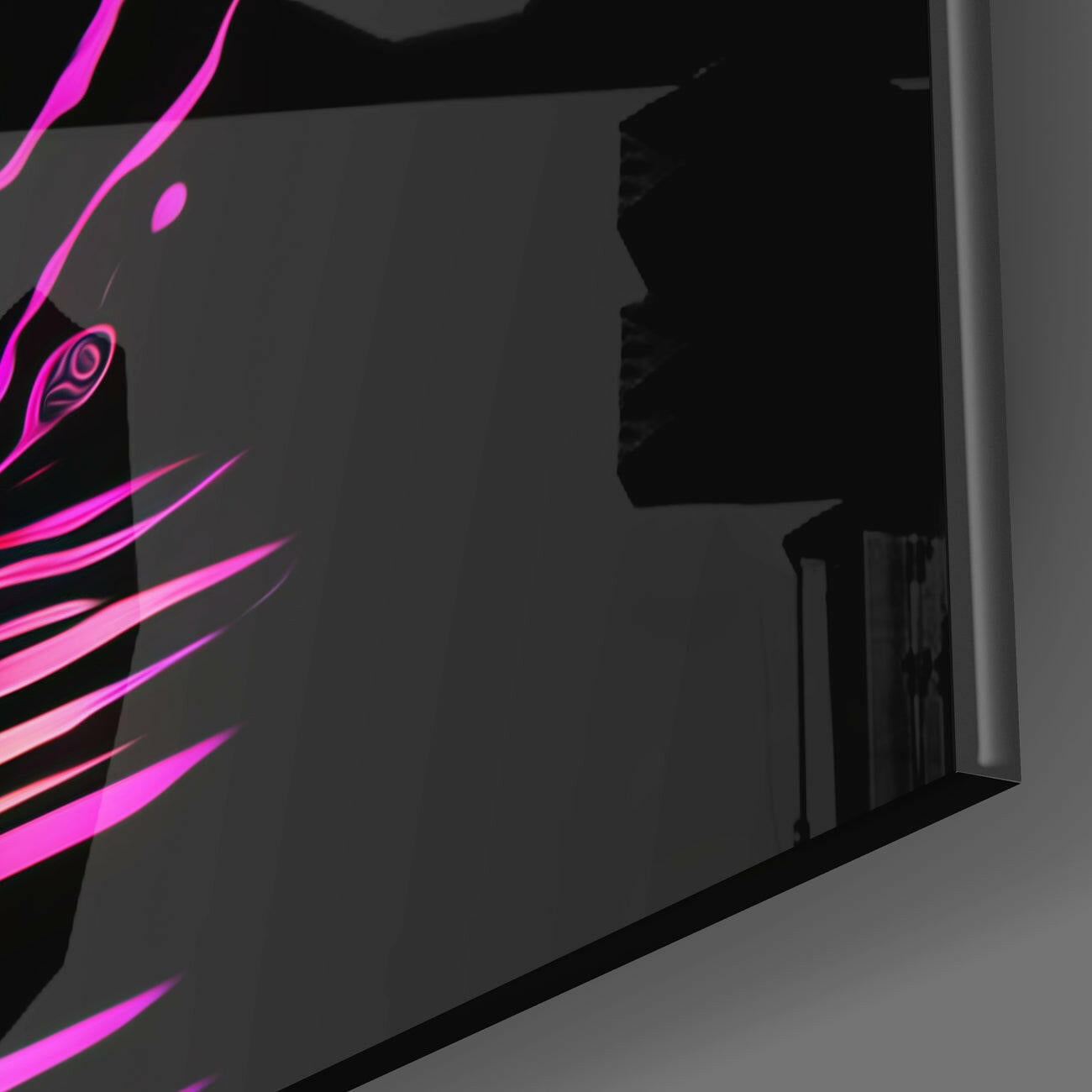 Close-up detail of magenta and black dragon glass wall art showing neon pink design elements against dark background.