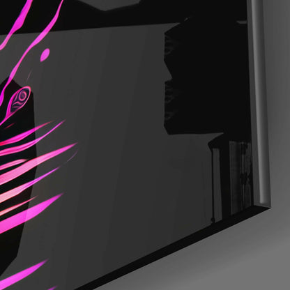 Close-up detail of magenta and black dragon glass wall art showing neon pink design elements against dark background.