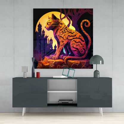 Vibrant glass wall art depicting an ornate orange and red cat silhouette against a yellow moon and purple castle, displayed above a dark gray console table.