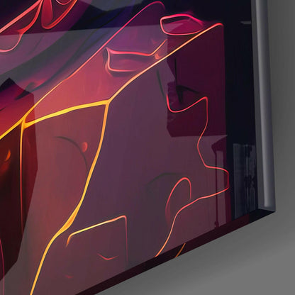 Neon cat silhouettes in red and yellow glowing lines on deep burgundy glass wall art, angled front view.