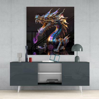 Chrome Dragon Breathing Purple Flame Glass Wall Art