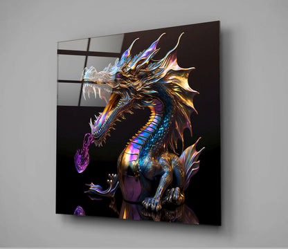Chrome Dragon Breathing Purple Flame Glass Wall Art