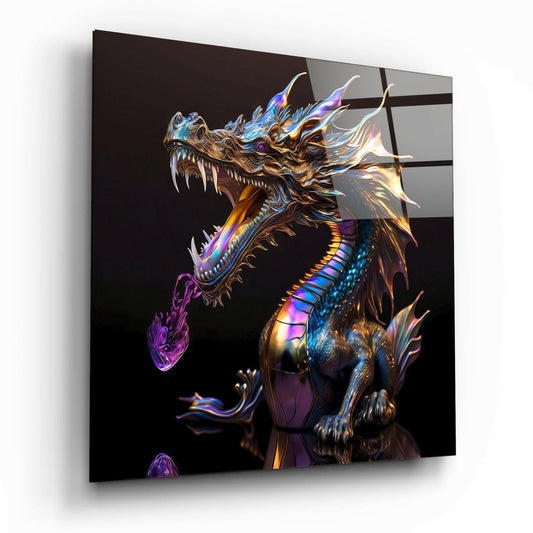 Chrome dragon with iridescent blue, gold, and purple metallic finish breathing purple flame, displayed as angled glass wall art panel.