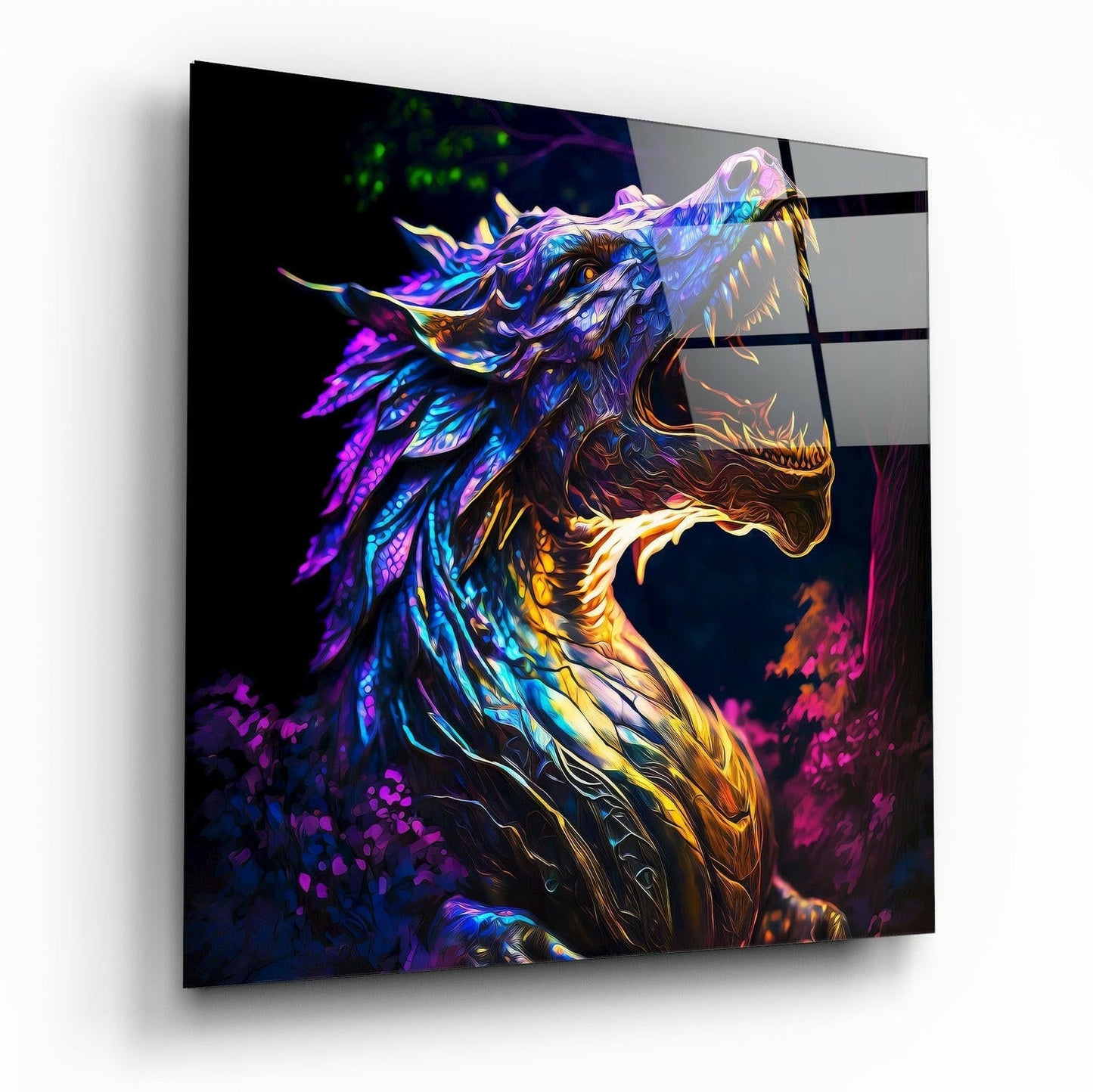 Neon Purple Dragon in Glowing Forest Glass Wall Art