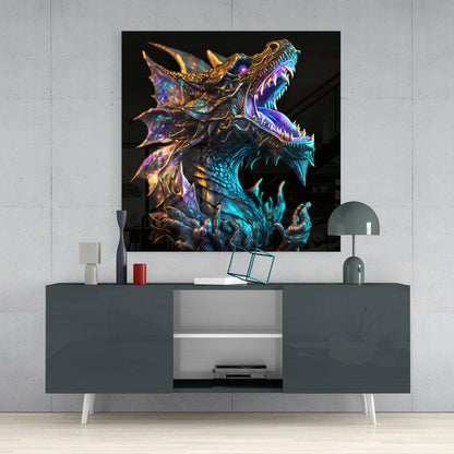 Iridescent Teal Roaring Dragon on Black Glass Wall Art