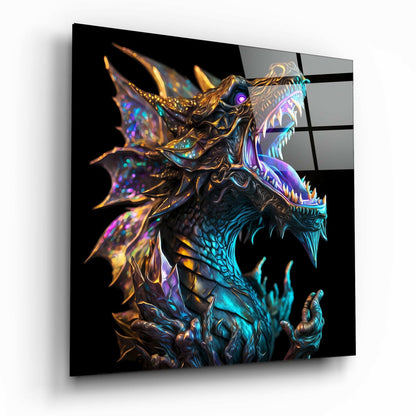Iridescent Teal Roaring Dragon on Black Glass Wall Art