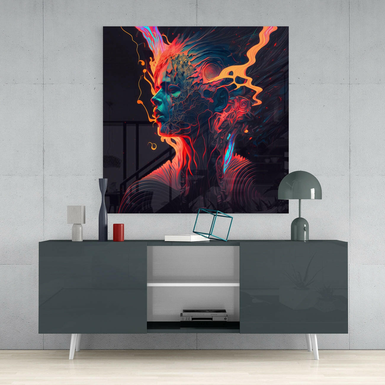 Orange Flame Ripple Head Profile Glass Wall Art