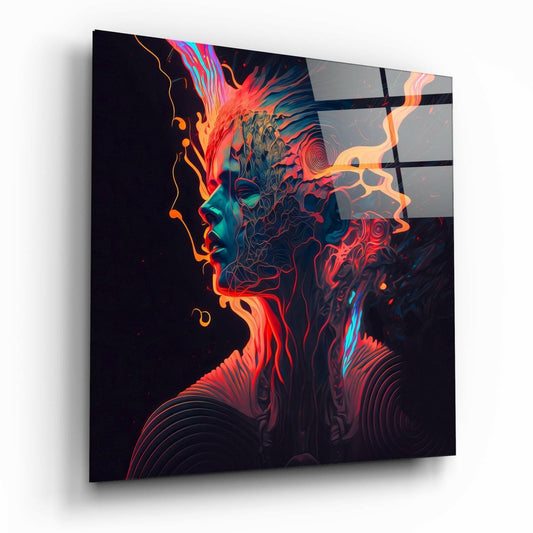 Angled 3D view of glass wall art displaying a neon-colored profile head with orange, red, and cyan flowing patterns against black background.