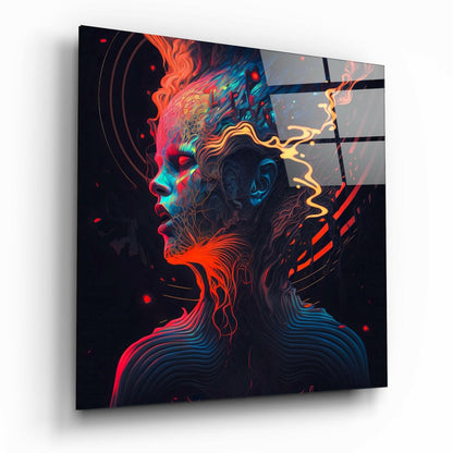 Red Blue Neon Swirl Head Profile Glass Wall Art