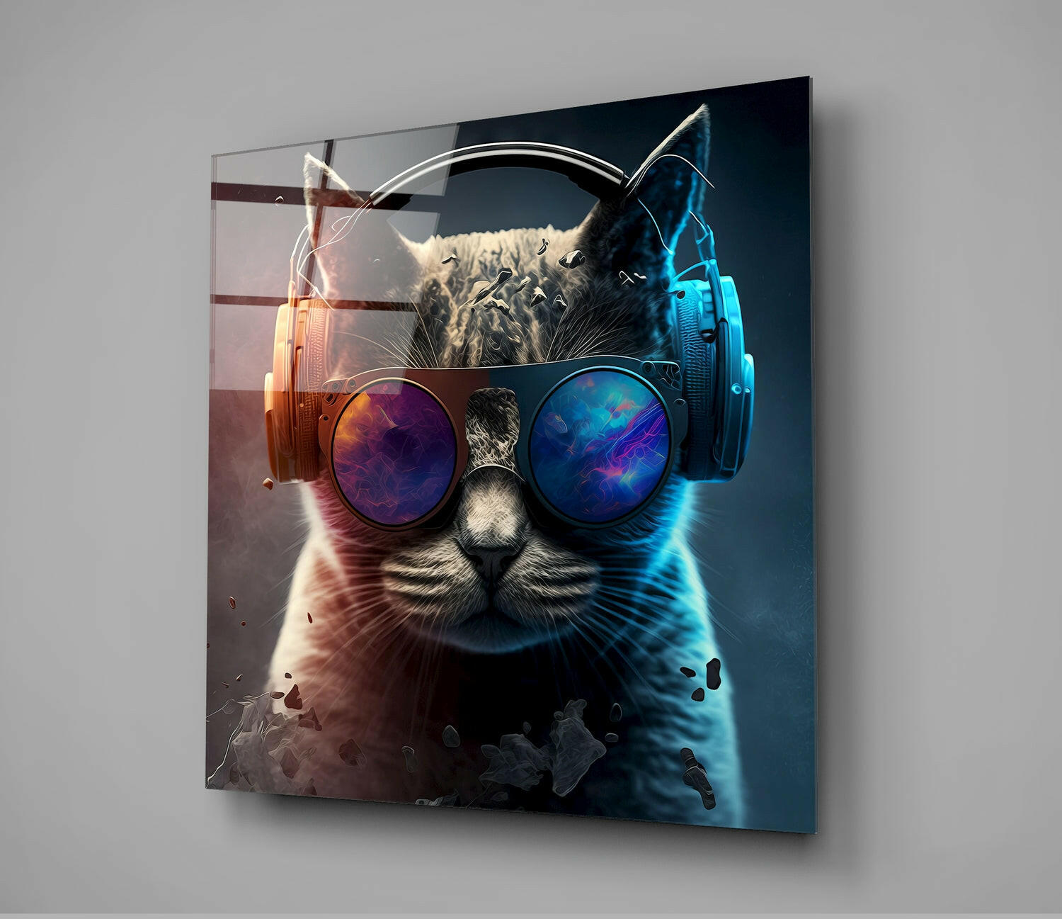Square glass wall art featuring a cat wearing headphones and neon-glowing sunglasses against a split red and blue background.