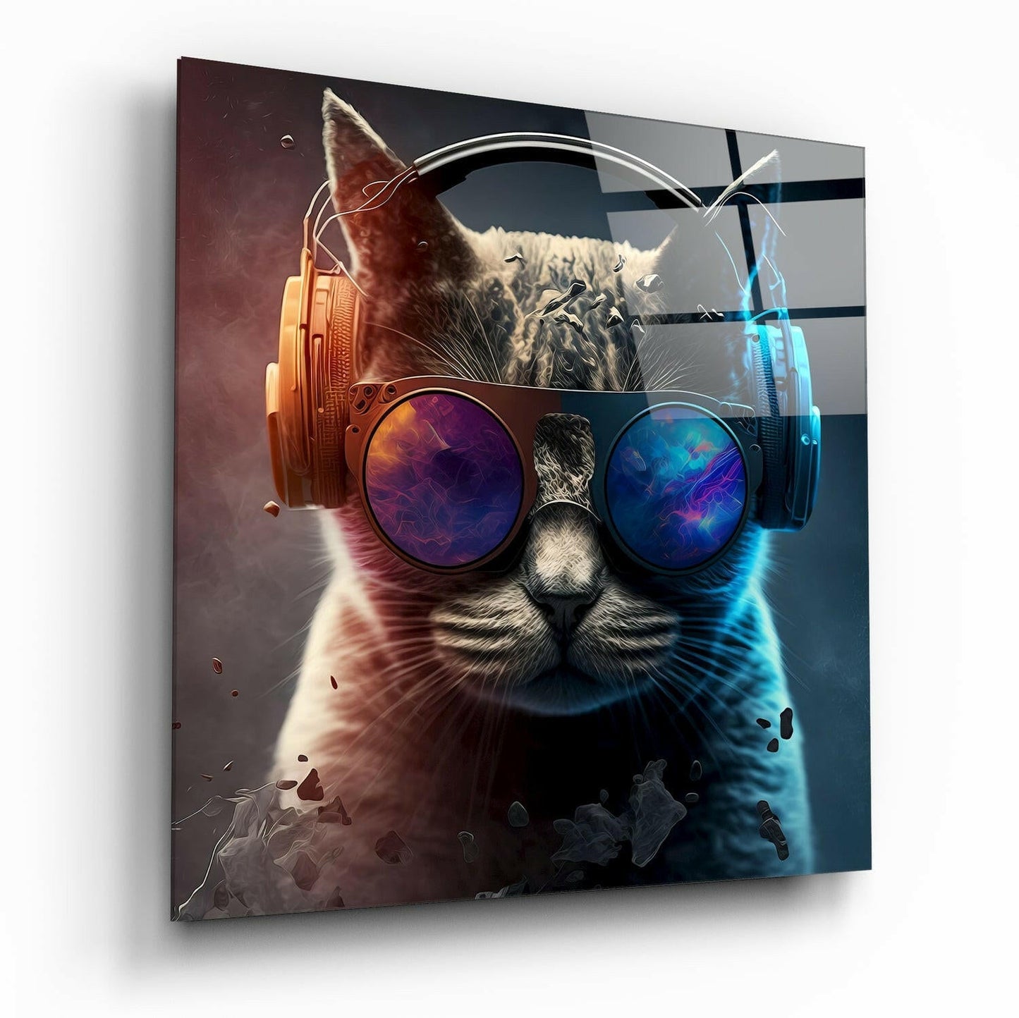 Modern glass wall art featuring a stylized cat wearing oversized sunglasses and headphones against a vibrant orange and blue gradient background.