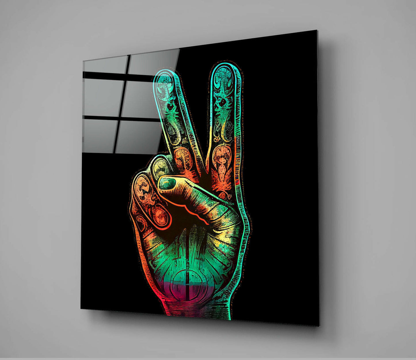 Colorful Peace Fingers Hand Sign Glass Wall Art