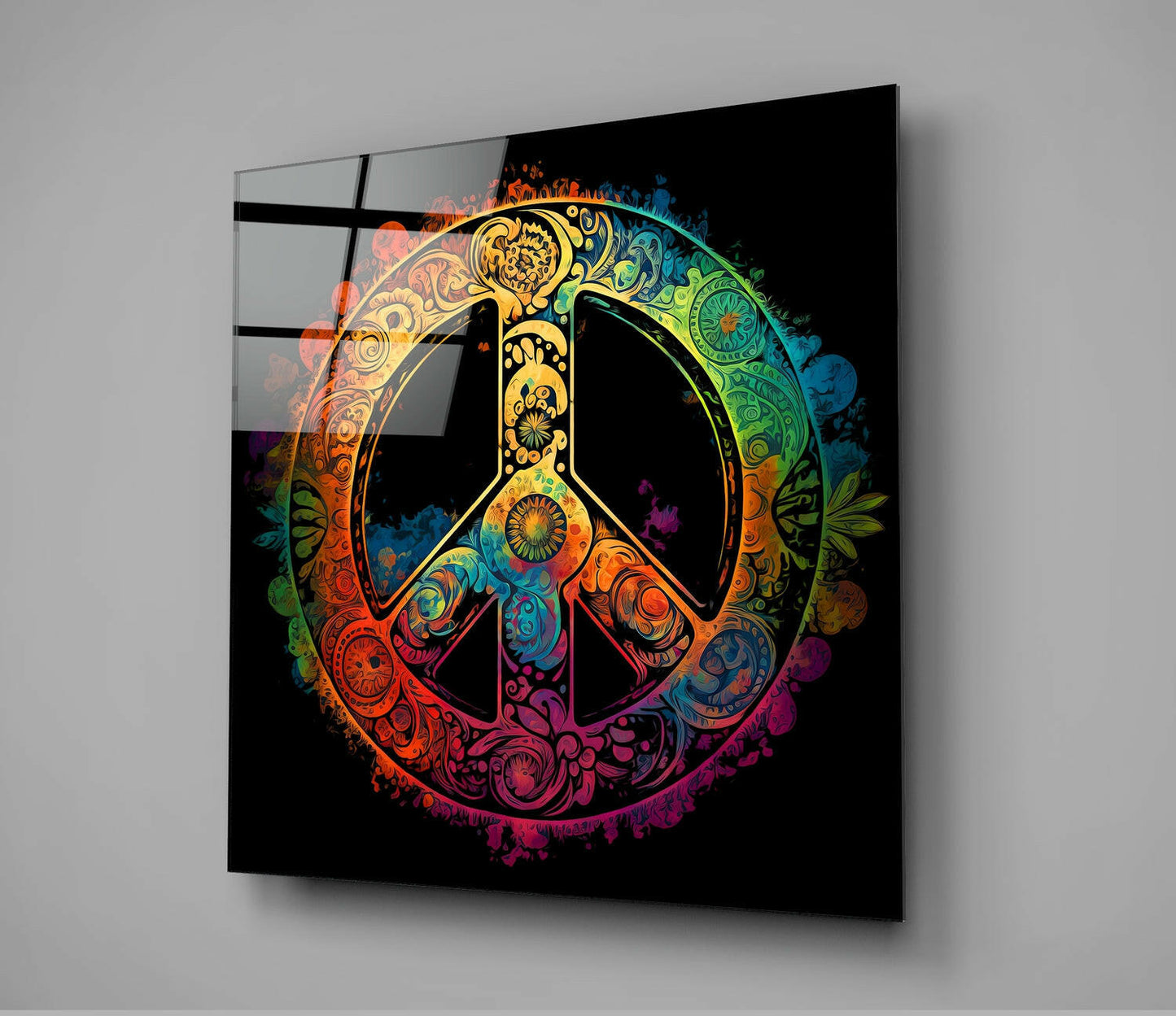 Golden Ornate Paisley Peace Sign Glass Wall Art