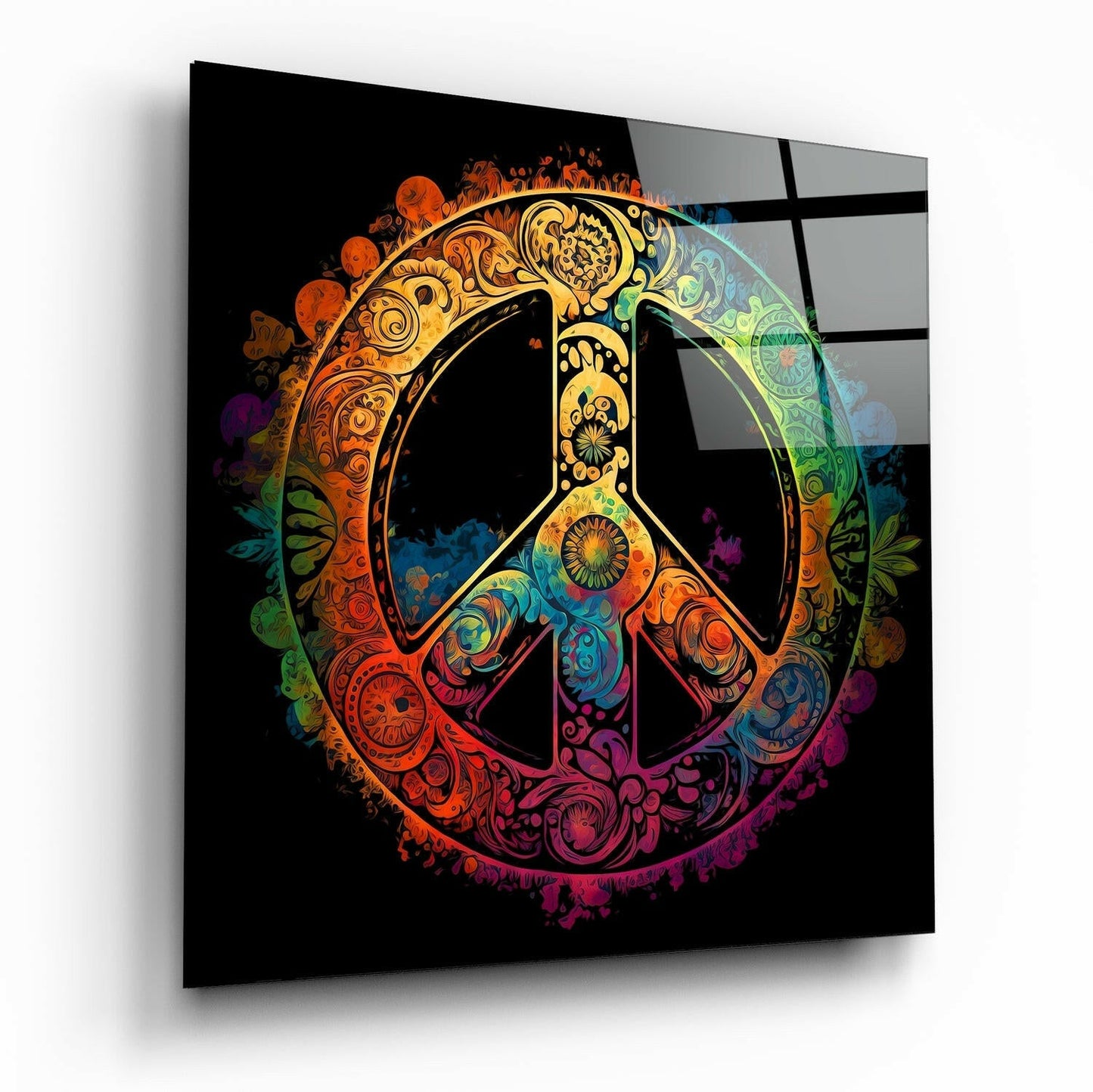 Golden Ornate Paisley Peace Sign Glass Wall Art