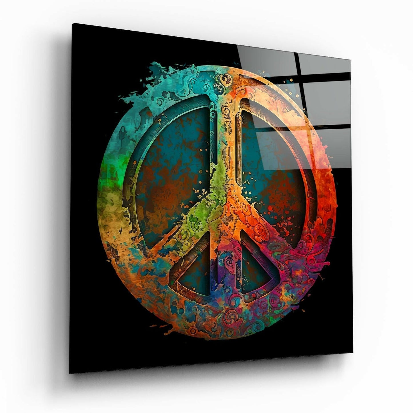 Swirl Textured Teal Orange Peace Sign Glass Wall Art