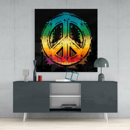 Rainbow Gradient Grunge Peace Sign Glass Wall Art