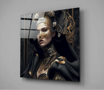 Black Cloak Gold Baroque Woman Glass Wall Art